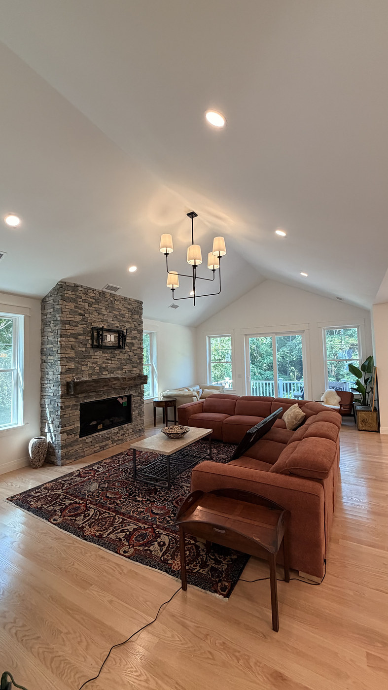 Bristol RI living room, stone fireplace